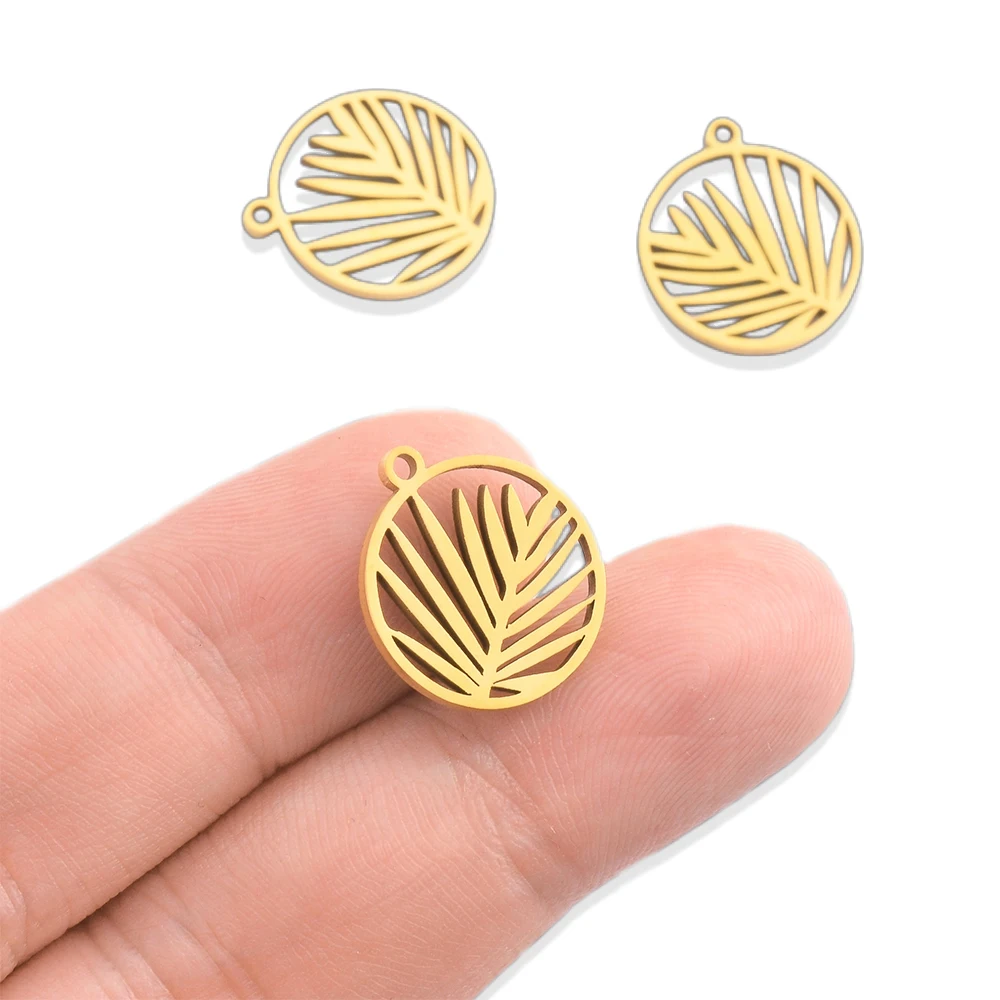 5pcs Stainless Steel Round Craft Hollow Leaves Gold Pendants for DIY Vintage Earrings Necklace Charm Jewelry Making Accessories