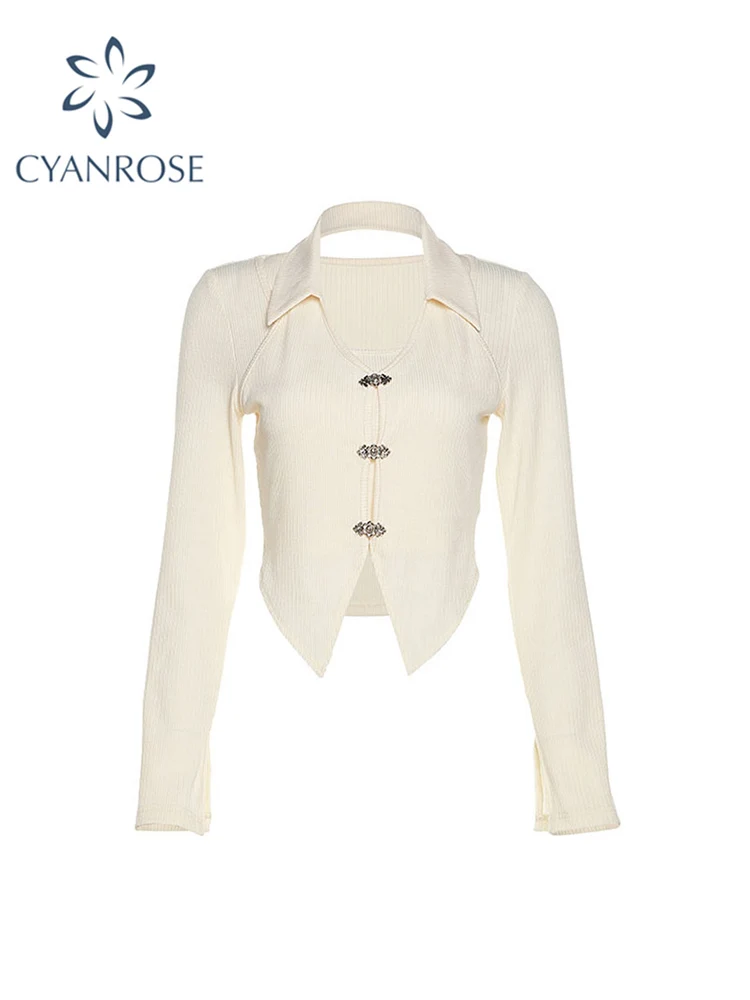 

Женская футболка с длинным рукавом Y2K, с воротником с отворотом, абрикосового и желтого цвета, топы, укороченный топ с лямкой на шее, из двух п...