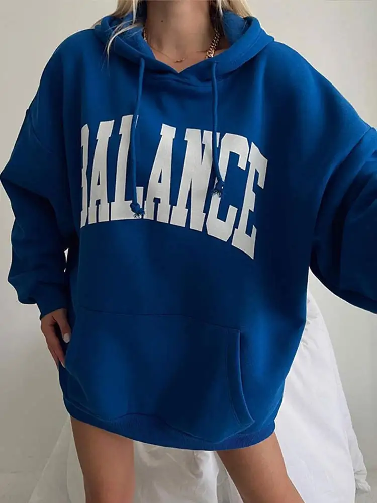 

Hoodie Letter Print Drawstring Sweatshirt For Women Vintage Winter Autumn Loose Hooded Shirt Ladies Warm Oversize Pullover