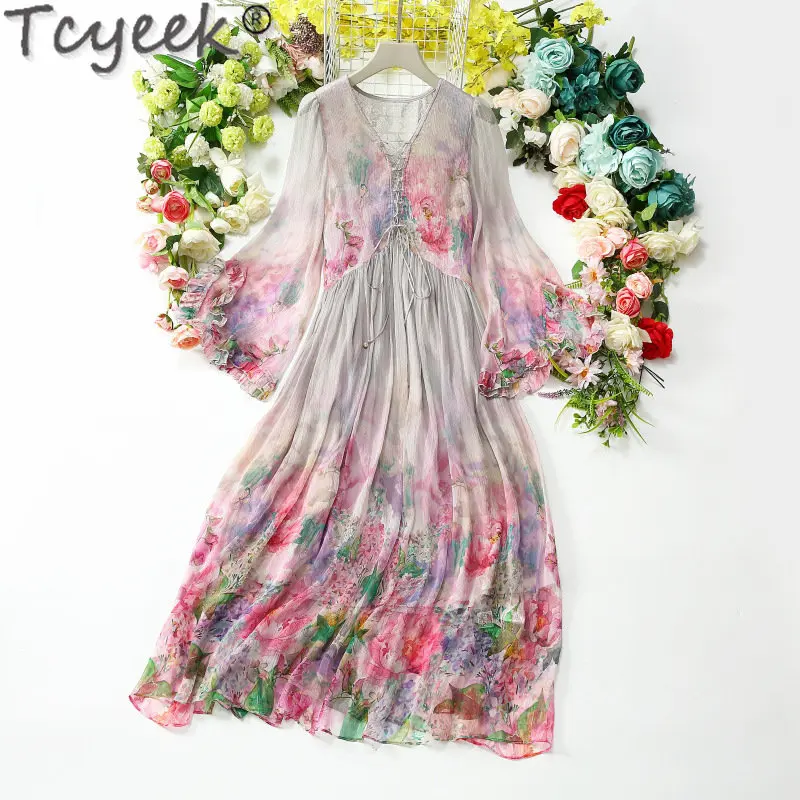 Tcyeek Spring 100% Mulberry Silk Dress Women Clothes 2023 Elegant and Pretty Women's Dresses Print New Dress Lady Vestido Mujer