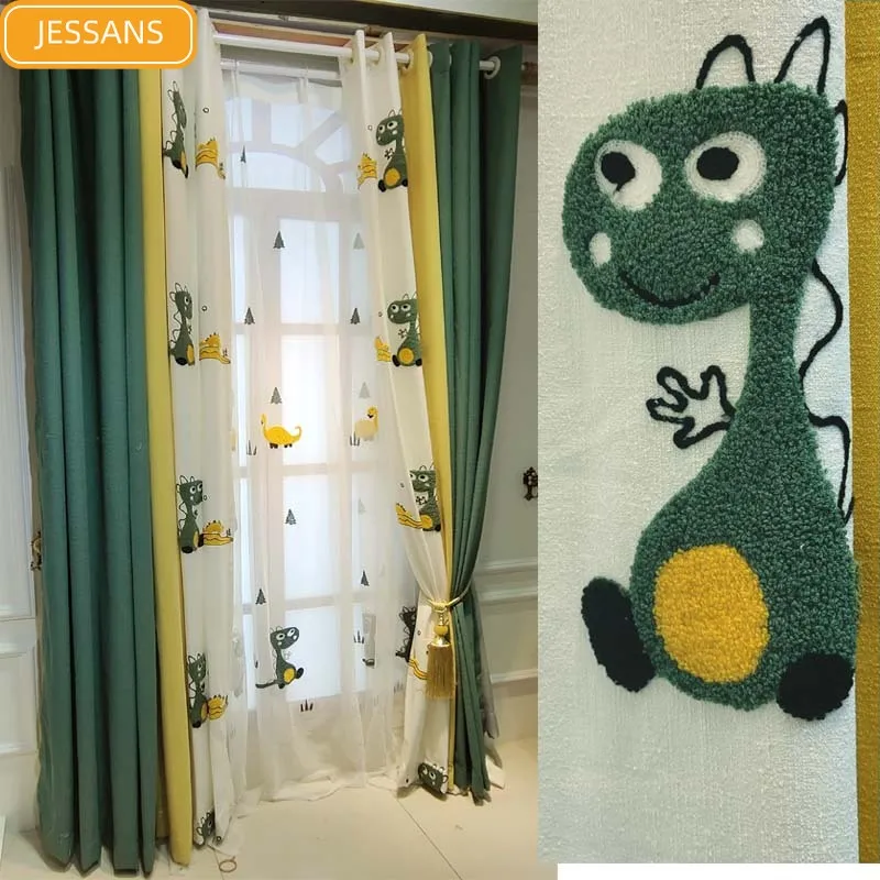 2021 New Cartoon Dinosaur Cotton and Linen Stitching Shading Boy Childrens Room Curtains for Bedroom Finished Valance