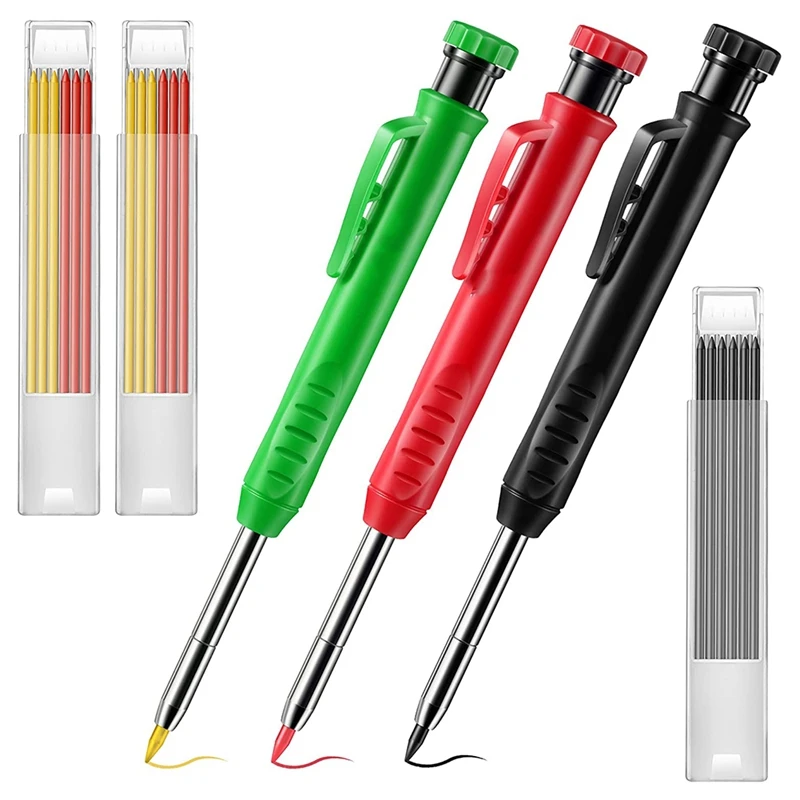 

3 Pcs Solid Carpenter Pencil With 21 Refill Red Yellow Gray, Long Nosed Deep Hole Mechanical Pencil Marker Marking Tool