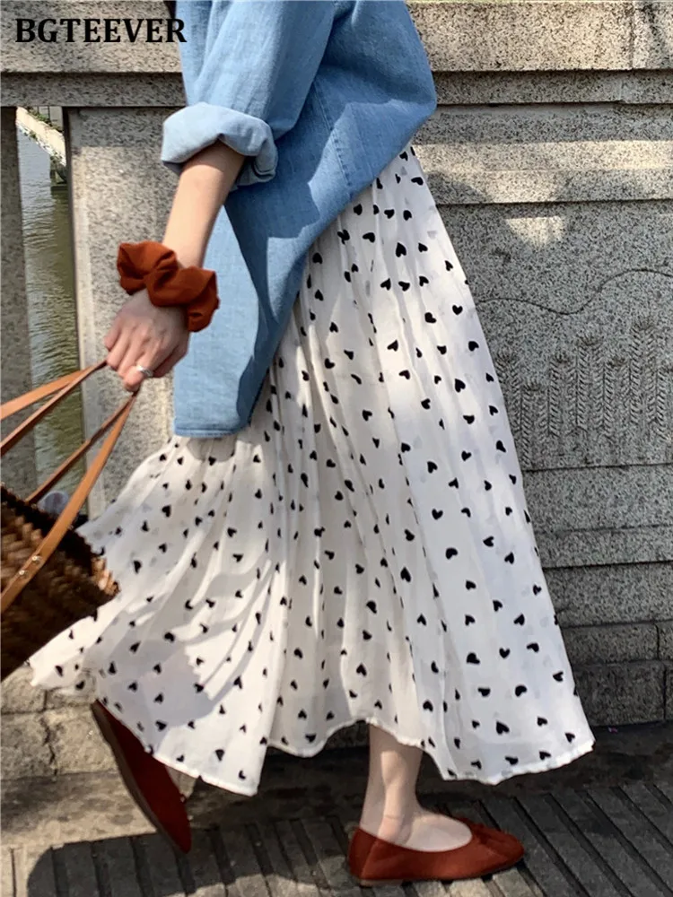 

BGTEEVER Elegant Loose Polka Dots Women Skirts Elastic High Waist Female A-line Long Skirts 2022 Summer