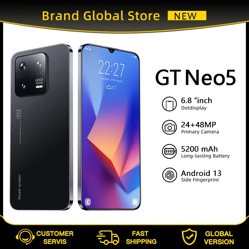 

2023 New Cell phone GT Neo 5 smartphone original phone 6.8incih 8GB+256GB mobile phones Android13 WIFI Global Version 5200mAh