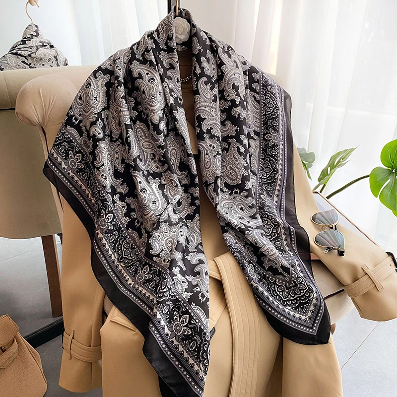 

Luxury Brand Satin Silk Cashew Nut Square Scarf Women's Design Headband Beach Stolen Shawl Women's Scarf Hijab Headband
