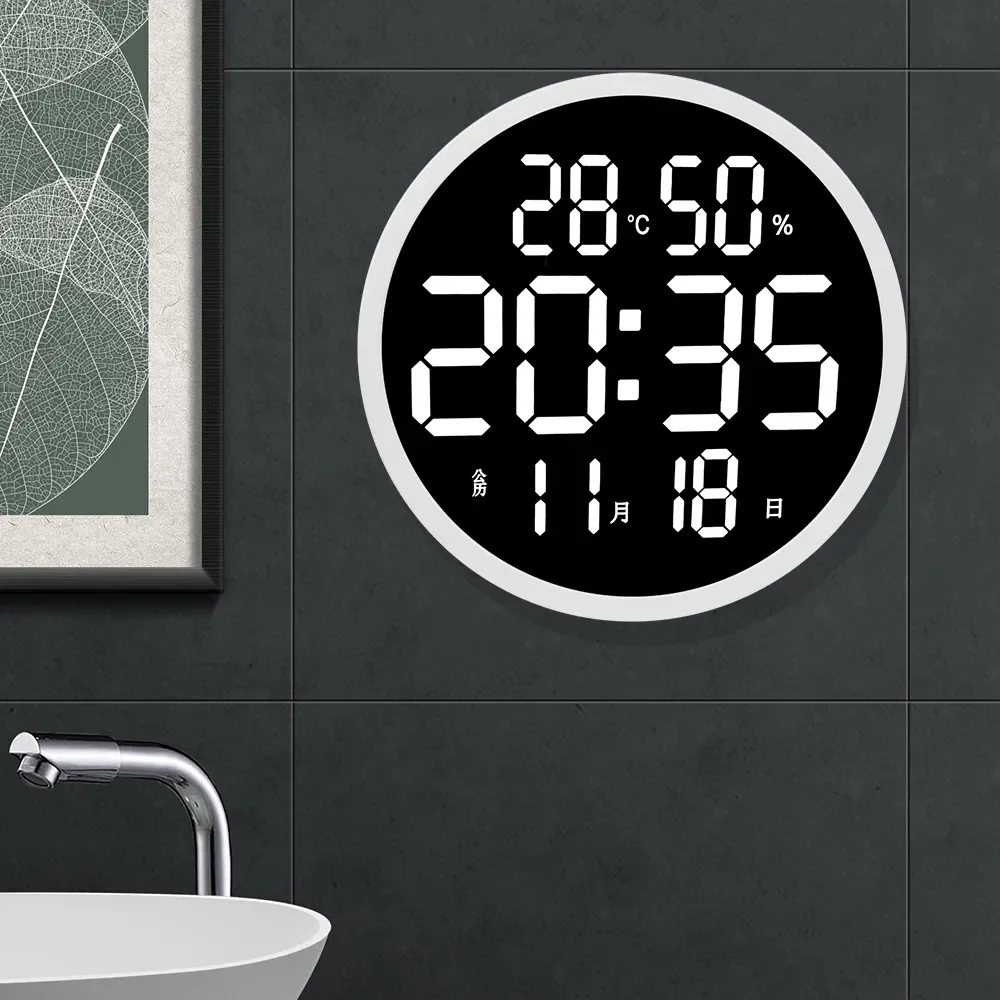 

at 12" Modern Smart LED Wall Clock Alarm with Remote Control, Brightness, Temperature and Humidity Monitor, and Calendar.