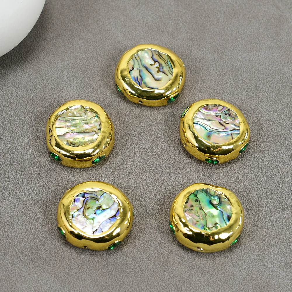 

APDGG 5 Pcs Multi Color Abalone Shell Green Glass Crystal Flat Coin Shape Spacer Beads Connector Jewelry Accessory DIY