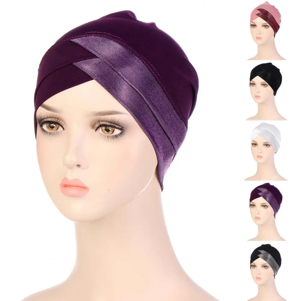 

Bright Silk Brimless Elastic Headscarf Hat Foldable Forehead Cross Turban Hat Hair Accessories