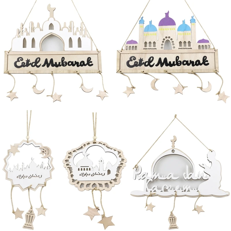 

Wooden Eid Mubarak Pendant Moon Star Castle Hanging Ornament Wood Crafts for Muslim Islamic Festival Ramadan Decoration Gift