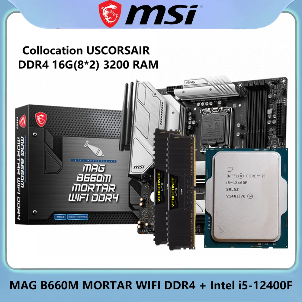 

Intel i5-12400F CPU + MSI MAG B660M MORTAR WIFI DDR4 + USCORSAIR DDR4 16G(8*2) 3200 RAM MATX PC LGA 1700 B660 Motherboard Gaming