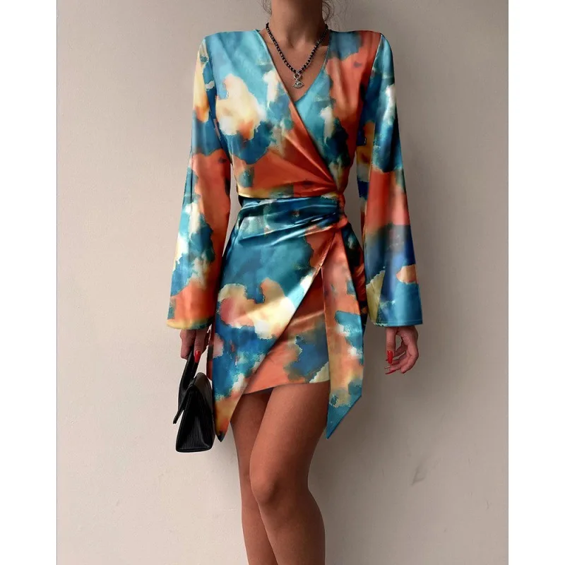 2023 Spring/Summer New Fashion Long Sleeve Printed V-Neck Sexy Irregular Casual Elegant Women's Dress