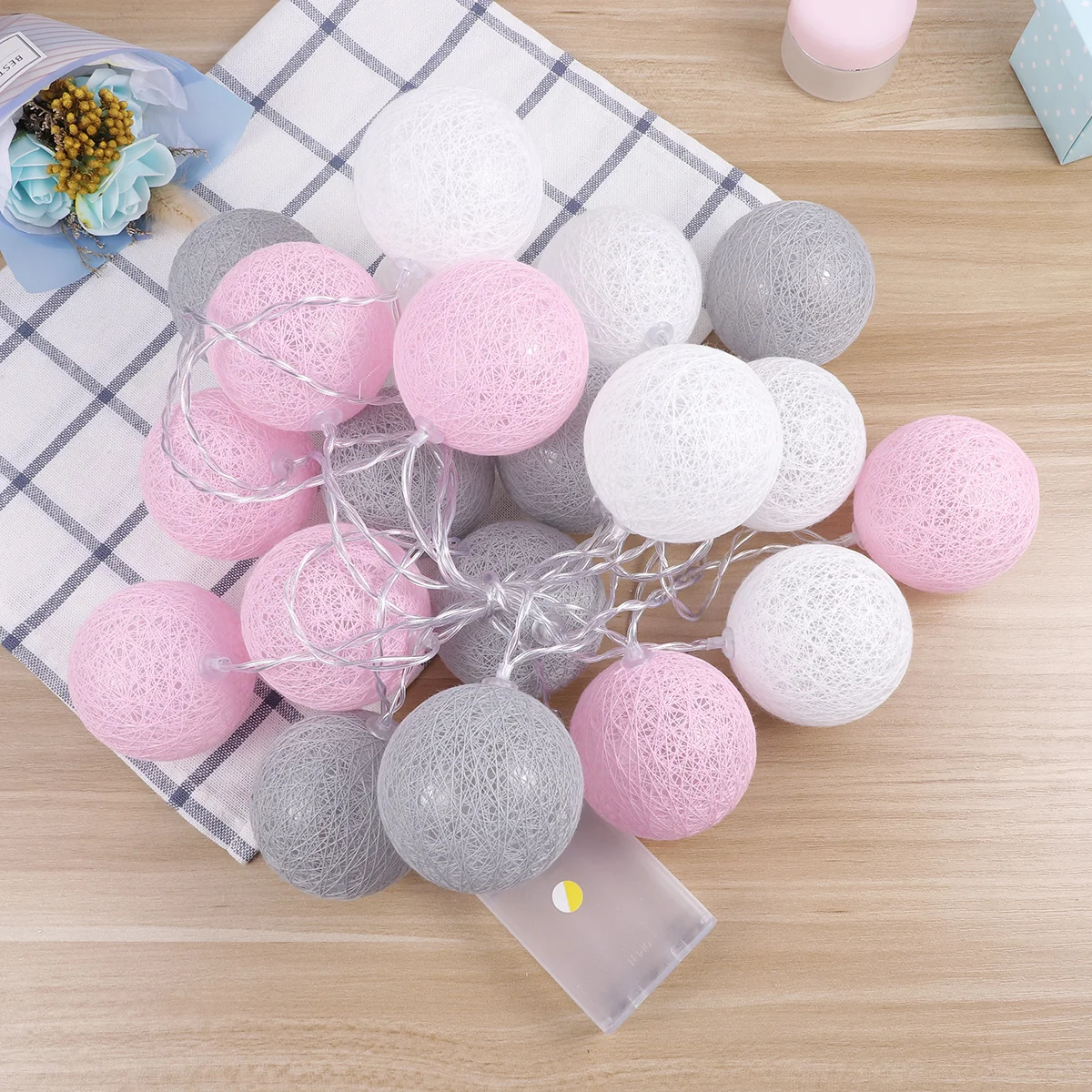 

LED Cotton Thread Ball String Light Decorative Romantic Fairy String Light for Party Home Decoration (White Pink Grey, 20 LEDs)