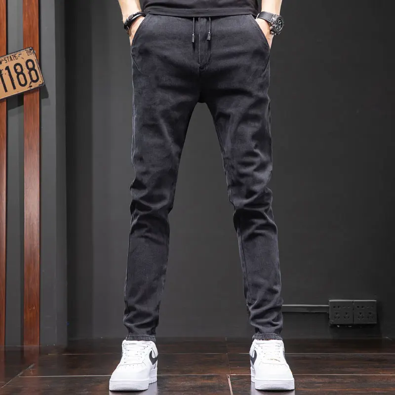 Men's Elastic Waist Black Jeans Casual Slim Fit Pencil Pants Fashion Korean Style Drawstring Denim Trousers CP2181