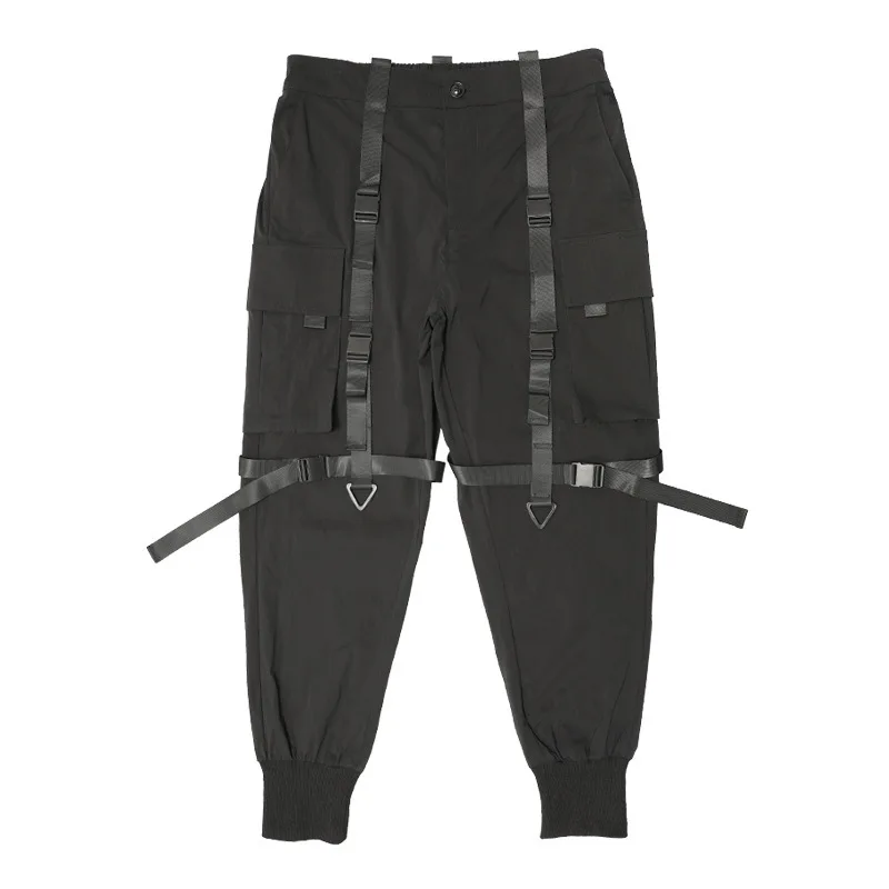 

Men Fashion Black Ribbons Casual Pants Streetwear Men Gothic Motorcycle Tracksuit Joggers Men Unique Personality Sweatpants