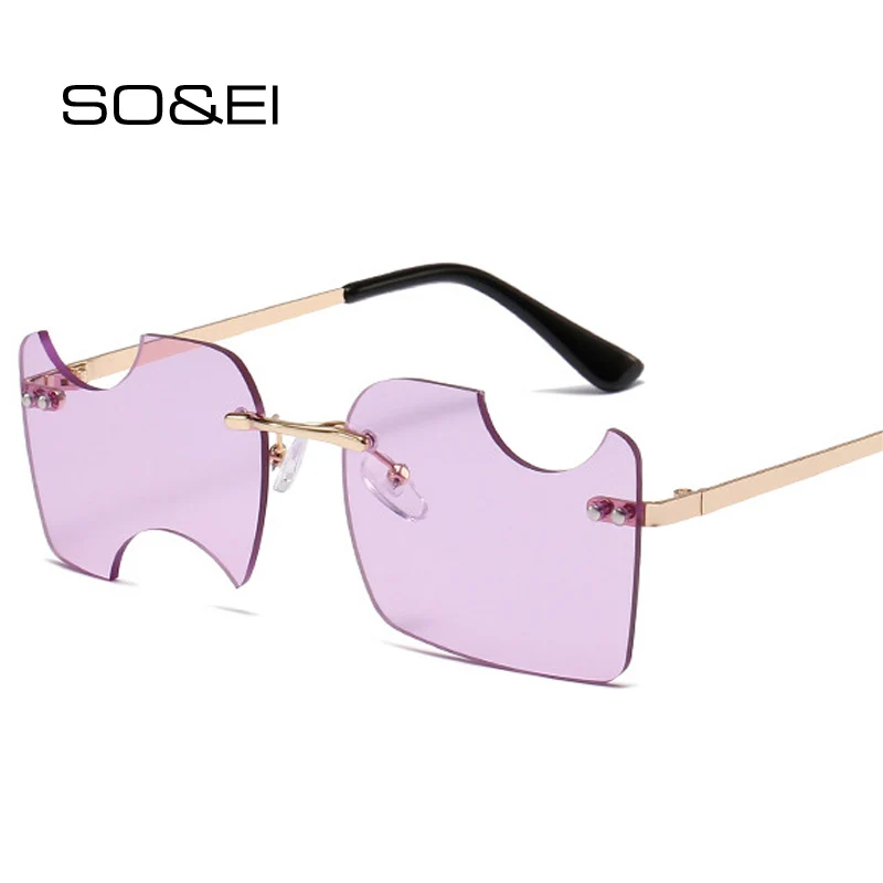 

SO&EI Fashion Unique Square Rimless Sunglasses Women Retro Clear Ocean Lens Eyewear Shades UV400 Men Blue Pink Sun Glasses