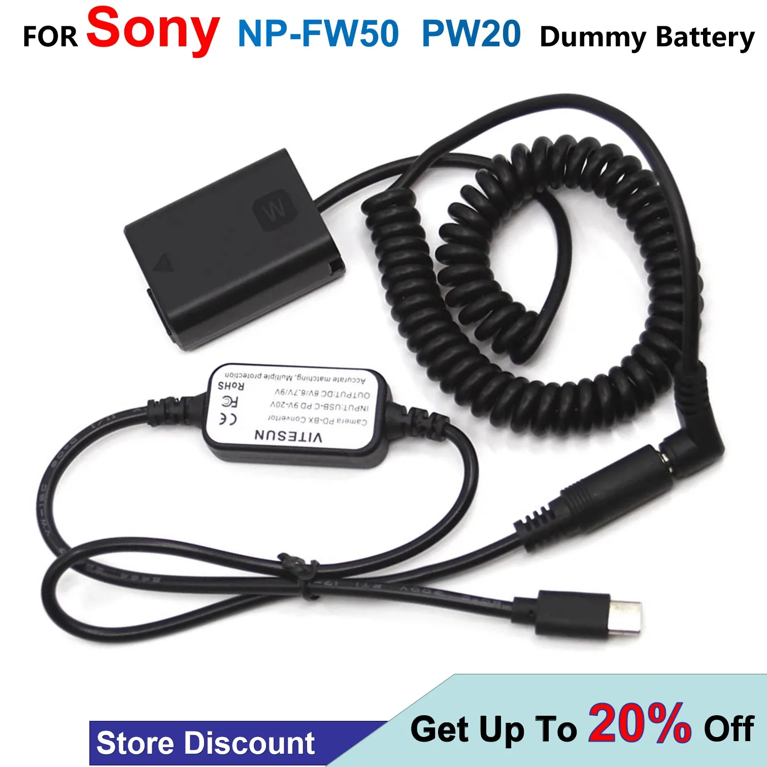 

USB Type-C Power Cable Female Plug + PW20 Dummy Battery NP-FW50 Spring DC Coupler Cable For Sony ZV-E10 A7RII NEX-6 A7000 A7S
