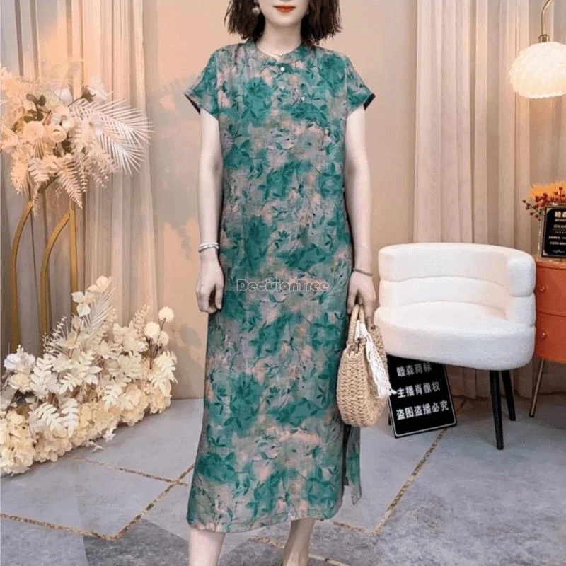 Женское платье-Ципао с цветочным принтом свободное повседневное длинное платье