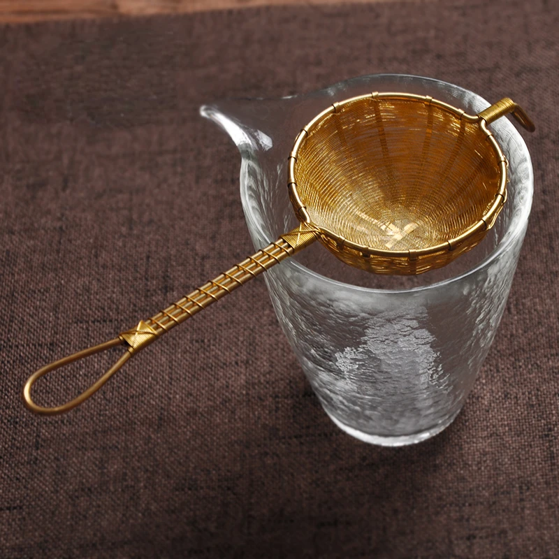 

Traditional Hand-Woven Brass Tea Strainer Pure Copper Woven Funnel Tea Filter Mesh Gold Mesh Coffee Filter Screen