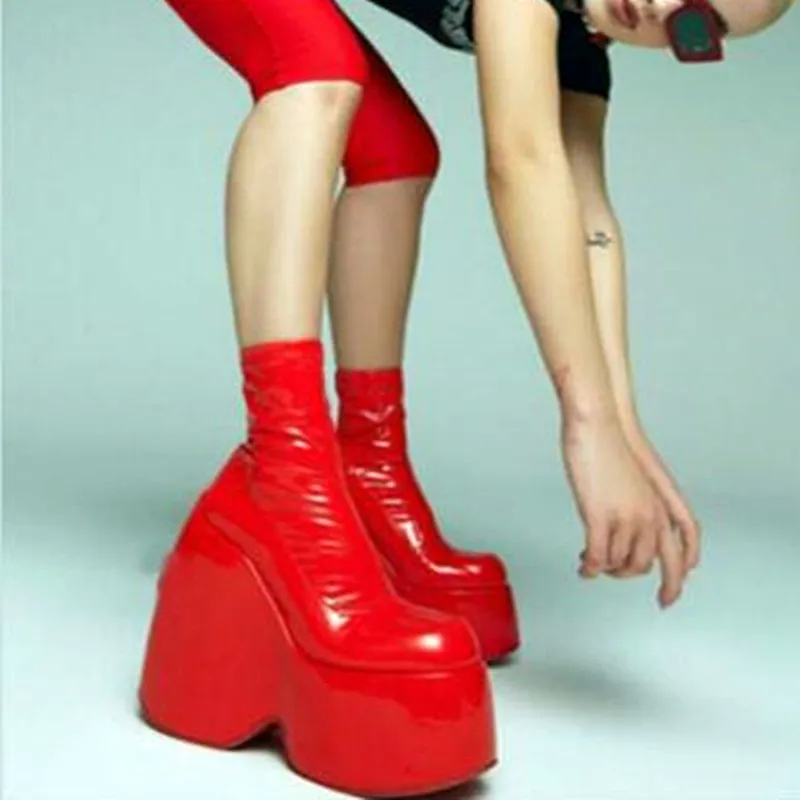 

Женские ботильоны, модные эластичные ботинки из лакированной кожи с круглым носком, высокие ботинки на молнии, женская обувь