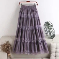 sweet kawaii chiffon lace stitching a line pleated skirt womens high waist midi jupe black purple elegant party long faldas