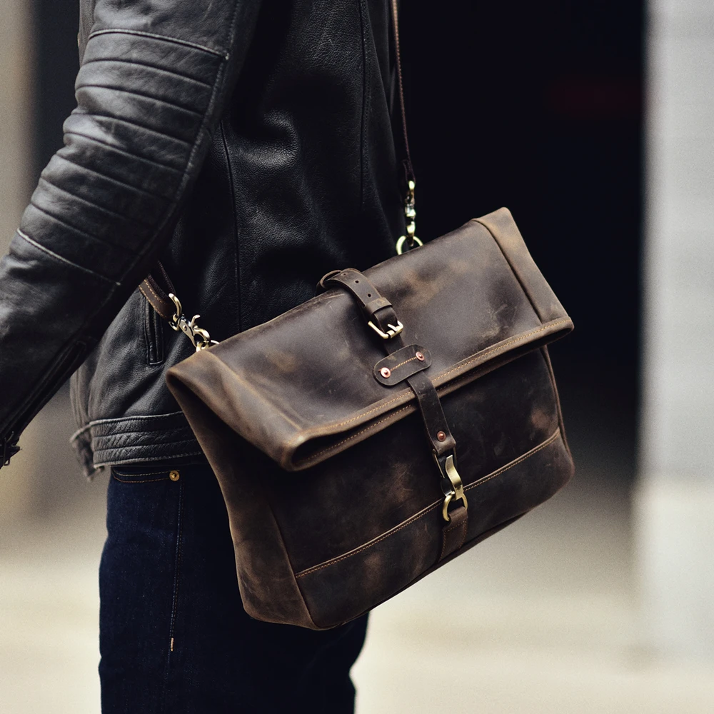 Vintage  Leather Motorcycle Men's Messenger Bag Crazy Horse Leather Folding Cover Shoulder Bag Luxury Cowboy 14