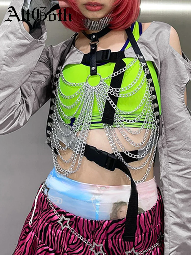 

AltGoth Cyberpunk Y2k Smock Women Harajuku Streetwear Gothic Hollow Out Buckle Crop Pullovers Emo Alternative Techwear Female