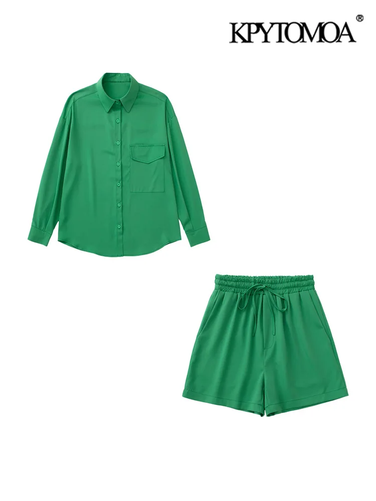 

KPYTOMOA Women Fashion Patch Pockets Oversized Shirts And High Elastic Waist With Drawstring Shorts Female Two Piece Sets Mujer