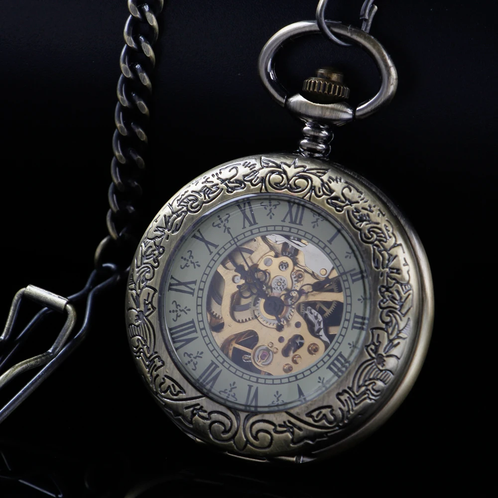 New Transparent Cover Pattern Mechanical Manual Pocket Watch Gold Roman Digital Skull Dial Pendant Automatic Antique Clock