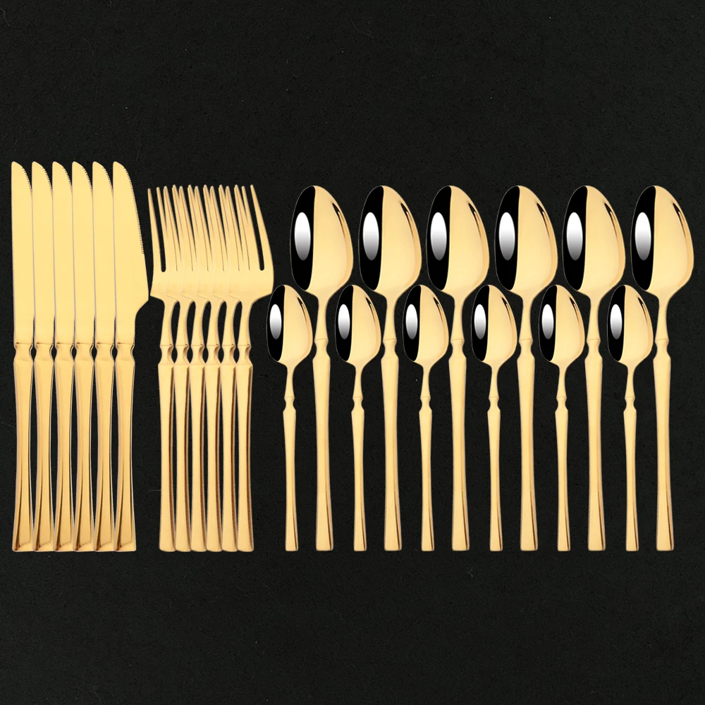 

24Pcs Dinnerware Set Gold Cutlery Stainless Steel Mirror Luxury Steak Knives Forks Spoons Kitchen Tableware Flatware For Dinner