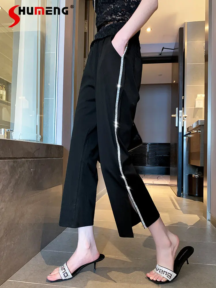 

Hot Drilling Casual Cropped Pants Women 2023 New Spring Summer Wide-Leg Pants High Waist Loose Slimming Slit Straight Pantalones