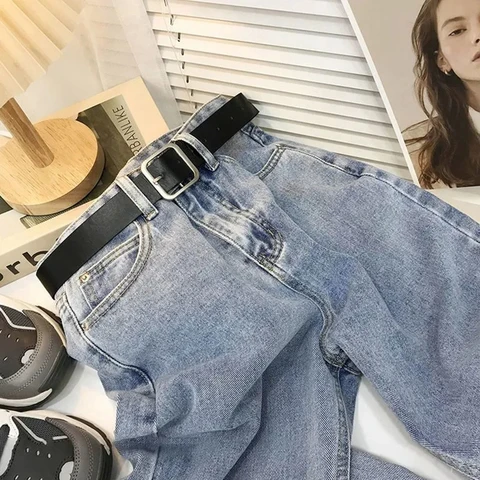 Simple Light Blue Thin Straight Pants Spring Autumn High-waist Slim Loose Women Pants 2023 All-match Streetwear Denim Trousers