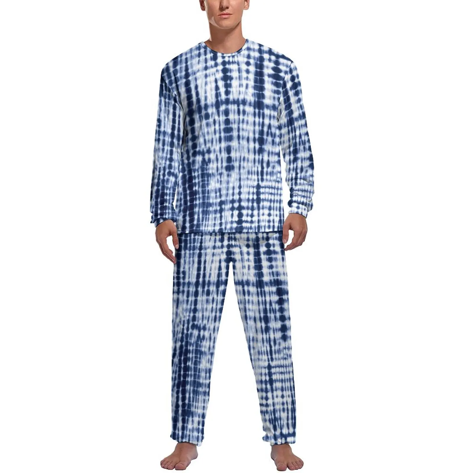 Blue Tie Dye Pajamas Abstract Print Mens Long Sleeves Elegant Pajama Sets Two Piece Casual Spring Custom Sleepwear Birthday Gift