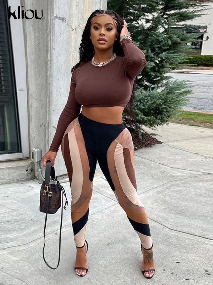 Kliou/сетчатые лоскутные леггинсы с принтом женские хипстерские Y2K сшитые цветные