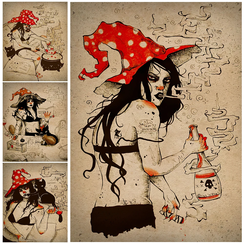 

Red Mushroom Witch Living In The Forest Wall Art Canvas Painting A bikini Witch Smoking A Cigar Poster Print For Living Room