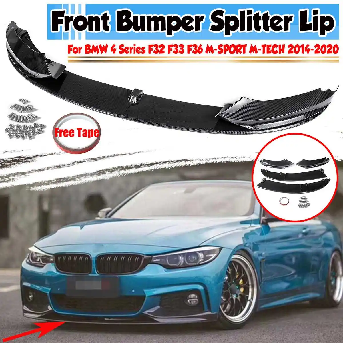 

4pc Car Front Bumper Lip Deflector Lips Splitter Diffuser Body Kit Spoiler For BMW 4 Series F32 F33 F36 M-SPORT M-TECH 2014-2020