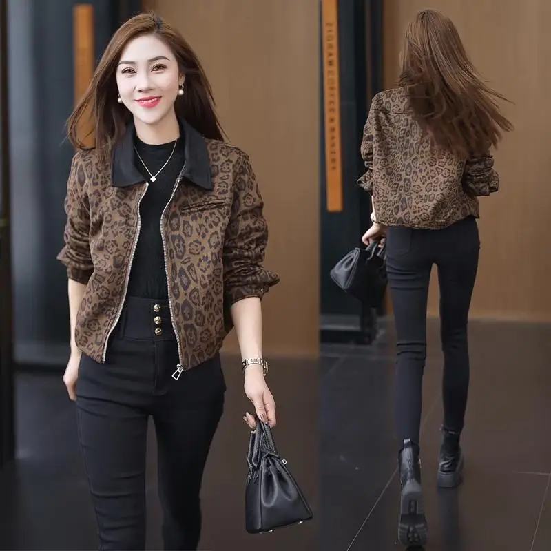 Женское короткое пальто с леопардовым принтом осень 2023 новая мода в стиле ретро