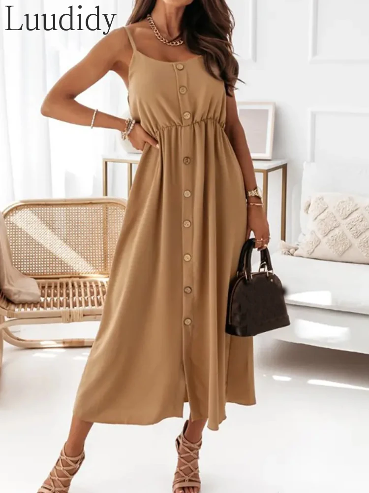 

Women Button Design Spaghetti Strap Casual Dress