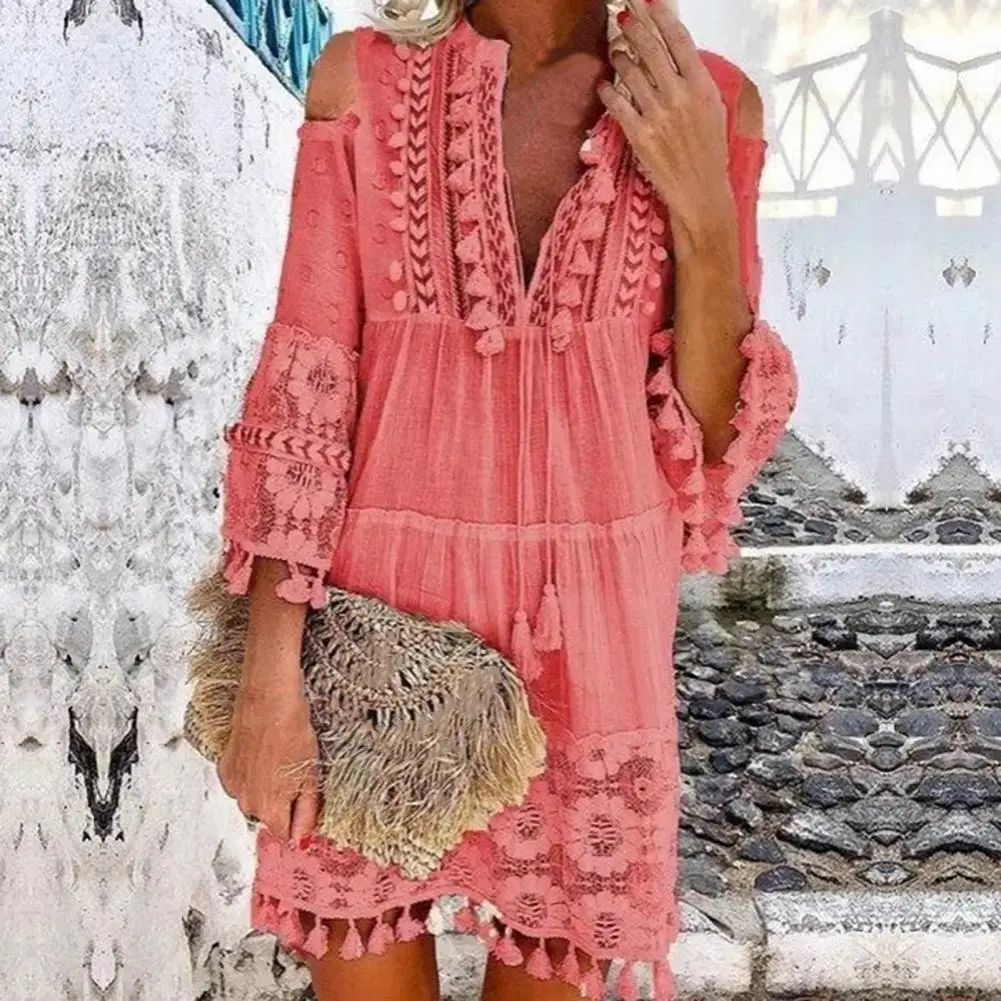 Шикарное вечернее платье женское короткое кружевное вязаное крючком однотонное