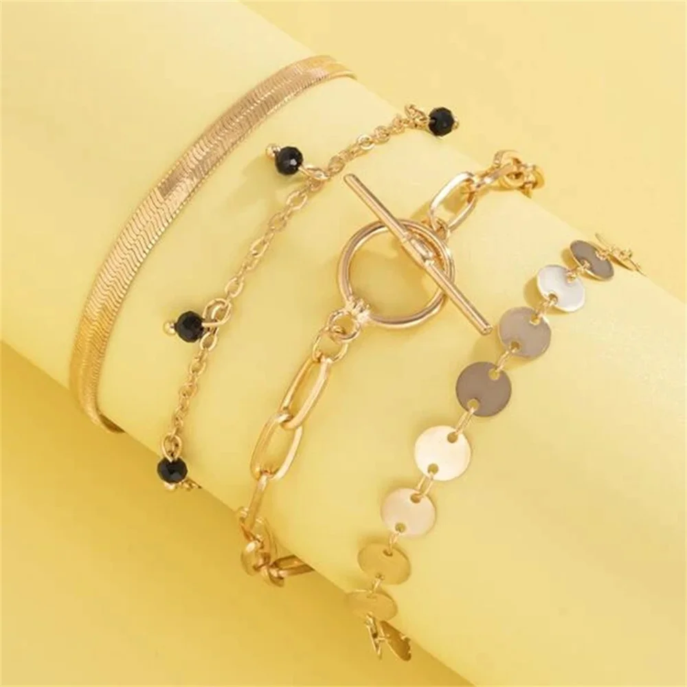 Винтажная золотистая плоская цепочка с подвеской из черного бусинного диска и геометрическим браслетом для женщин в стиле бохо, модный украшения подарок.