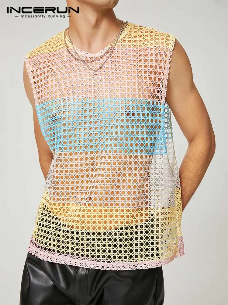 

Fashion Casual Style Tops INCERUN 2022 Men's See-through Tricolor Mesh Waistcoat Streetwear Male Hot Sale Sleeveless Vests S-5XL