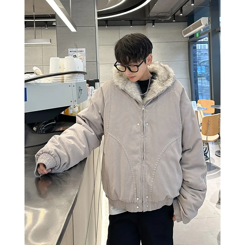 Серый утолщенный капюшон с резьбой по гору верхняя одежда-карго мужская