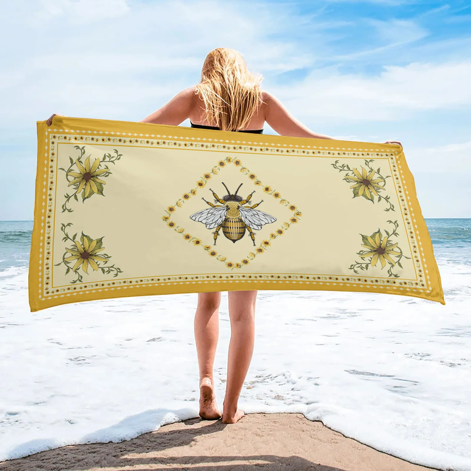 

Быстросохнущее банное полотенце Idyllic Sunflower Bee из микрофибры, впитывающее пляжное полотенце для дома для ванной для душа s