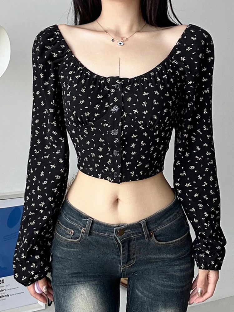 

Gavestis Prairie Square Collar Slim Cropped Top Sweet Girl Chic Floral Print T-shirts Autumn 2023 Korean Style Button Up Blouse