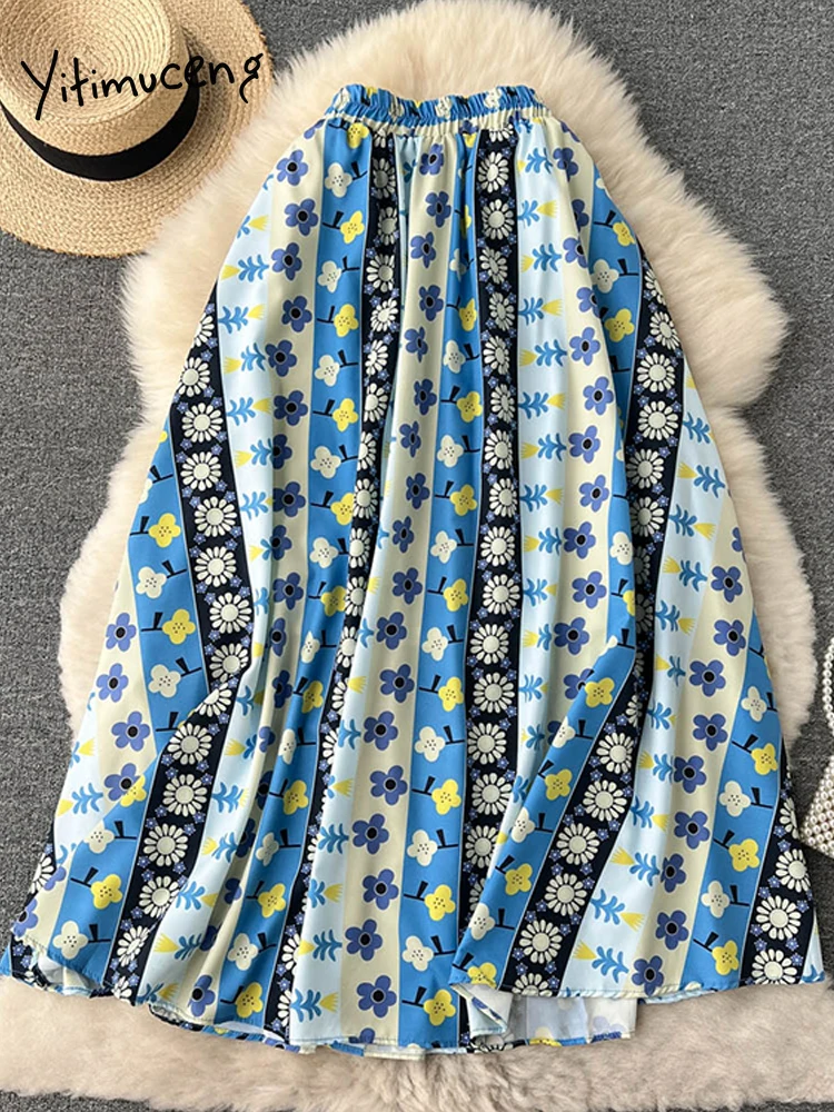 Юбка-миди Женская плиссированная с цветочным принтом модная трапециевидная юбка