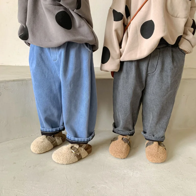 

Kids Lining plush jeans Boys Thick warm Trousers Girls soft loose denim pants