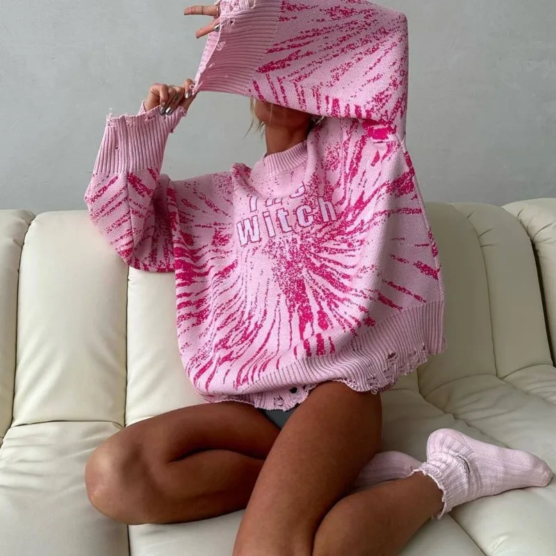 

European and American Style Autumn and Winter Hollow Sweater Cotton Niche Women's Casual Loose Round Neck Printed Woolen Top