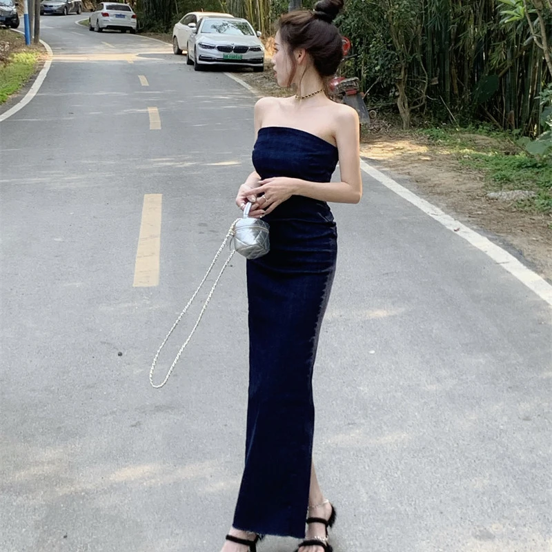 

Женское длинное платье без бретелек, с открытой спиной, на молнии