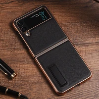 luxurious plating case metal stand for samsung galaxy flip4 top cowhide leather shell for z flip3 fold new invisible bracket