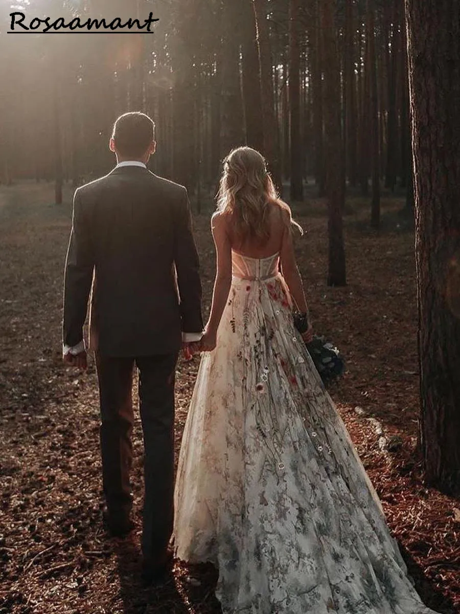 

Print Flower Garden Tulle Wedding Dress Women Sweetheart A Line V Neck Wedding Gowns for Bridal