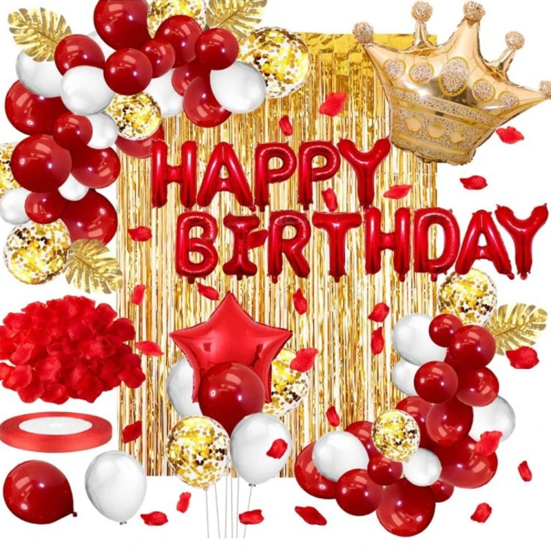 

JOLLYBOOM Birthday Party Red White Balloon Set with Gold Foil Fringe Curtain Leaves for Girl Women Birthday Party Decoration